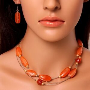 Silver Multi Strand illusion Necklace - Salmon Pink Beads & Earrings Jewelry